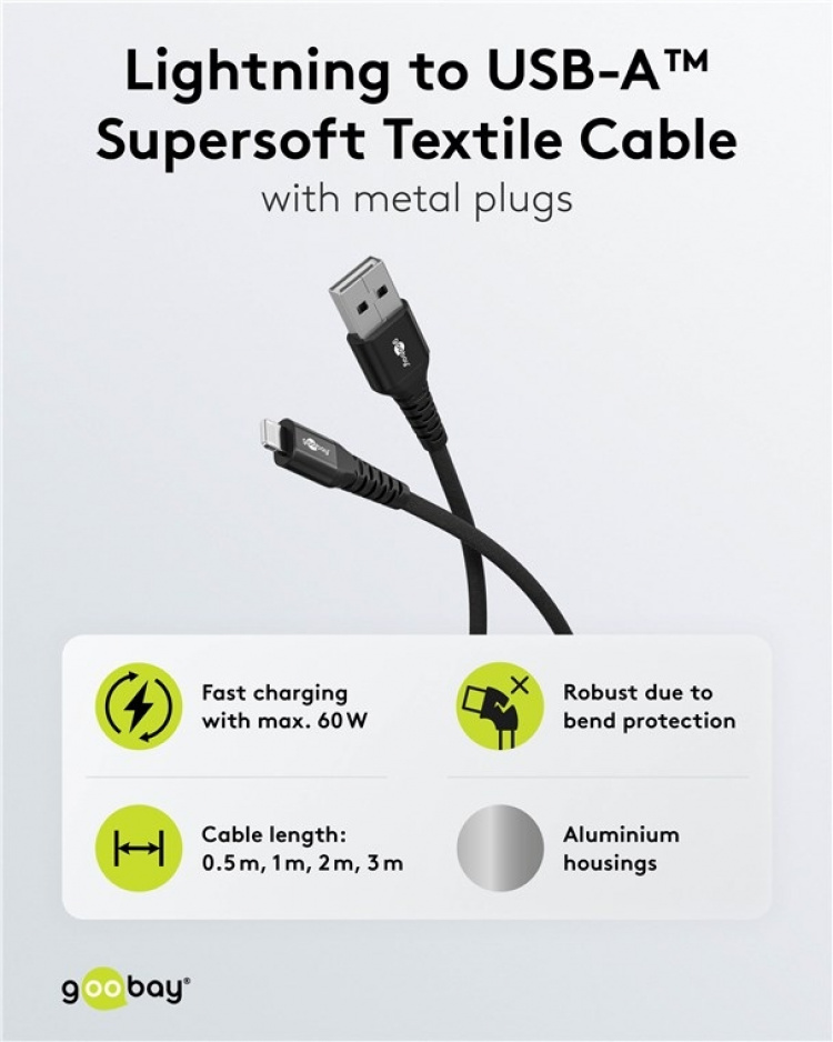 Goobay Lightning-USB-A supersoft textilkabel med metallkontakter, 3 m, svart MFi-certifierad, elegant och extra robust laddnings- och synkroniseringskabel för Apple iPhone/iPad (svart) Goobay Lightning-USB-A supersoft textilkabel med metallkontakter, 3 m, svart MFi-certifierad, elegant och extra robust laddnings- och synkroniseringskabel för Apple iPhone/iPad (svart)