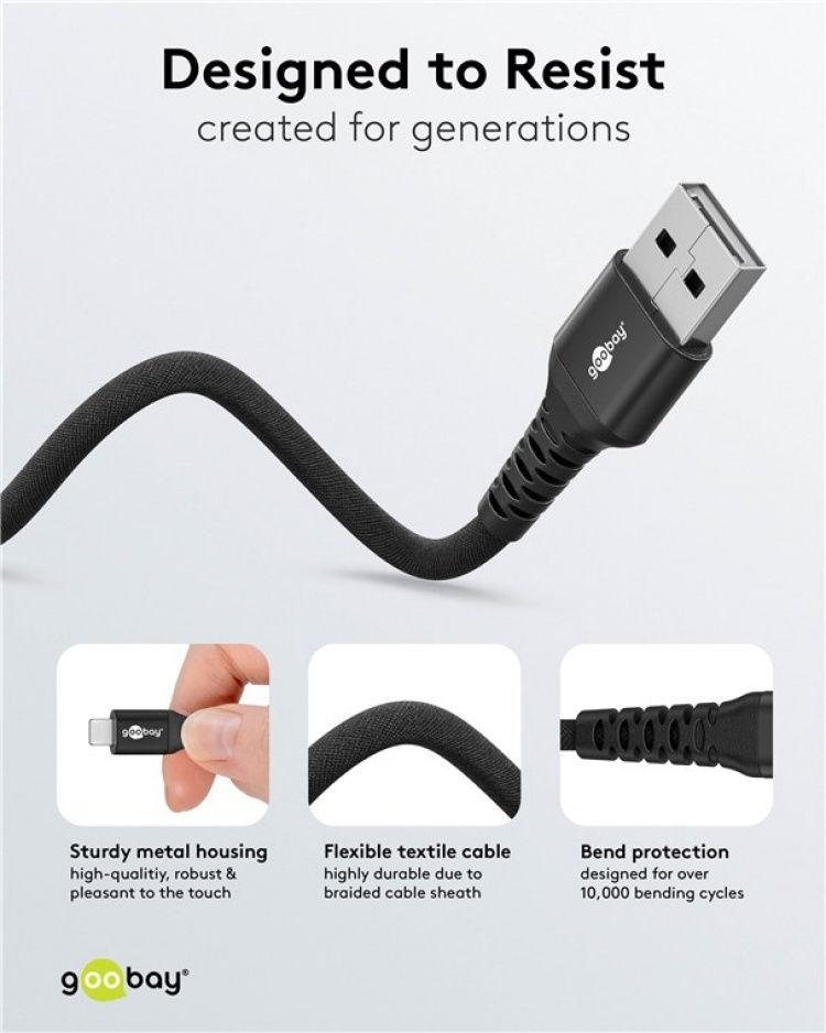 Goobay Lightning-USB-A supersoft textilkabel med metallkontakter, 3 m, svart MFi-certifierad, elegant och extra robust laddnings- och synkroniseringskabel för Apple iPhone/iPad (svart) Goobay Lightning-USB-A supersoft textilkabel med metallkontakter, 3 m, svart MFi-certifierad, elegant och extra robust laddnings- och synkroniseringskabel för Apple iPhone/iPad (svart)