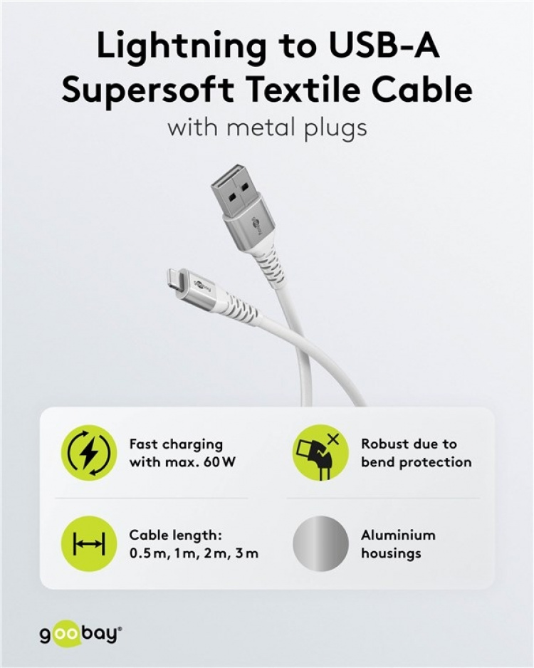 Goobay Lightning-USB-A supersoft textilkabel med metallkontakter, 2 m, vit MFi-certifierad, elegant och extra robust laddnings- och synkroniseringskabel för Apple iPhone/iPad (vit) Goobay Lightning-USB-A supersoft textilkabel med metallkontakter, 2 m, vit MFi-certifierad, elegant och extra robust laddnings- och synkroniseringskabel för Apple iPhone/iPad (vit)