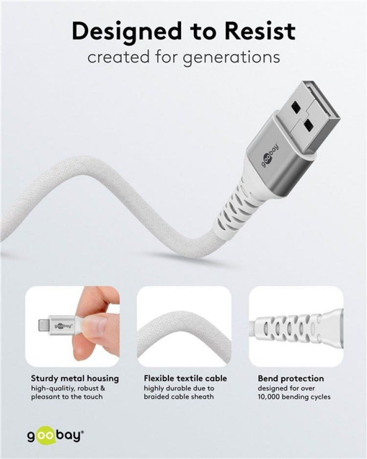 Goobay Lightning-USB-A supersoft textilkabel med metallkontakter, 3 m, vit MFi-certifierad, elegant och extra robust laddnings- och synkroniseringskabel för Apple iPhone/iPad (vit) Goobay Lightning-USB-A supersoft textilkabel med metallkontakter, 3 m, vit MFi-certifierad, elegant och extra robust laddnings- och synkroniseringskabel för Apple iPhone/iPad (vit)