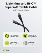 Goobay Lightning-USB-C™ supersoft textilkabel med metallkontakter, 2 m, svart MFi-certifierad, elegant och extra robust laddnings- och synkroniseringskabel för Apple iPhone/iPad (svart) Goobay Lightning-USB-C™ supersoft textilkabel med metallkontakter, 2 m, svart MFi-certifierad, elegant och extra robust laddnings- och synkroniseringskabel för Apple iPhone/iPad (svart)