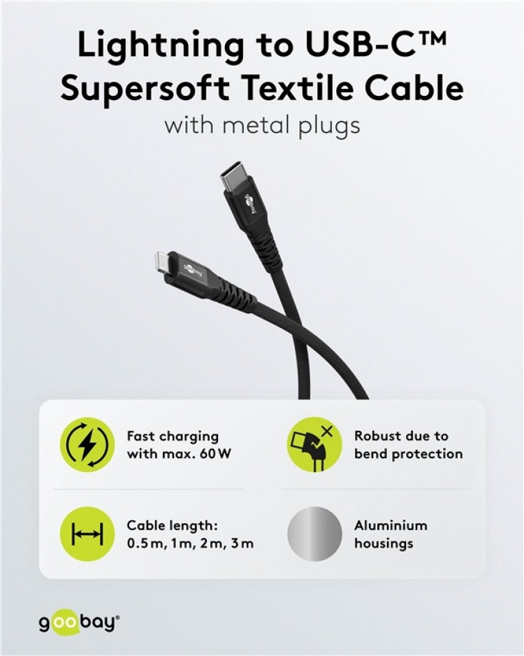 Goobay Lightning-USB-C™ supersoft textilkabel med metallkontakter, 2 m, svart MFi-certifierad, elegant och extra robust laddnings- och synkroniseringskabel för Apple iPhone/iPad (svart) Goobay Lightning-USB-C™ supersoft textilkabel med metallkontakter, 2 m, svart MFi-certifierad, elegant och extra robust laddnings- och synkroniseringskabel för Apple iPhone/iPad (svart)