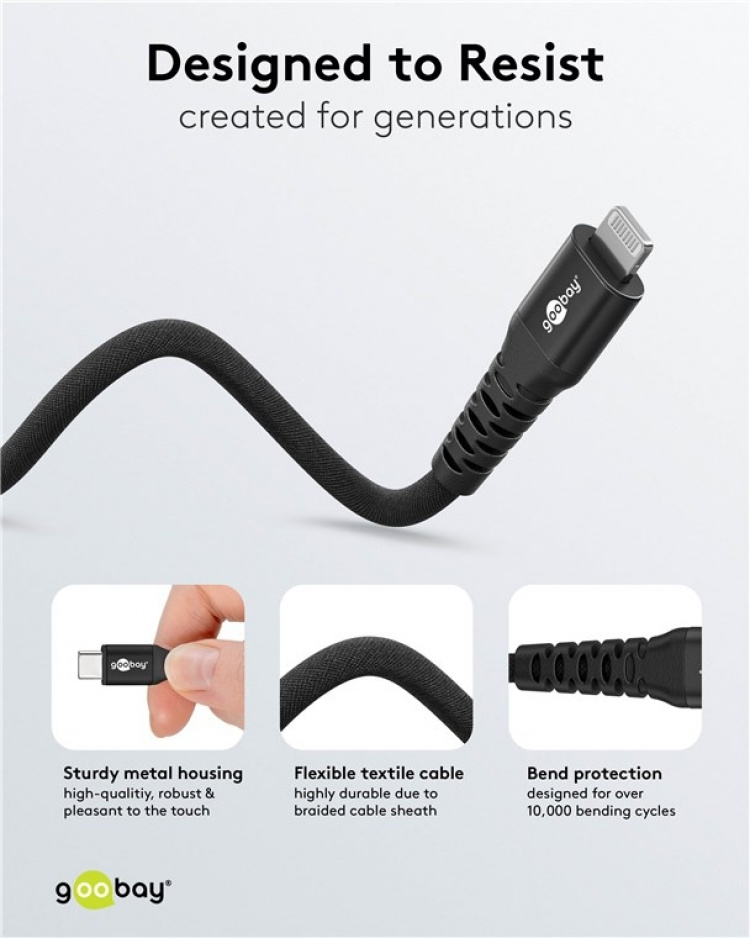 Goobay Lightning-USB-C™ supersoft textilkabel med metallkontakter, 3 m, svart MFi-certifierad, elegant och extra robust laddnings- och synkroniseringskabel för Apple iPhone/iPad (svart)