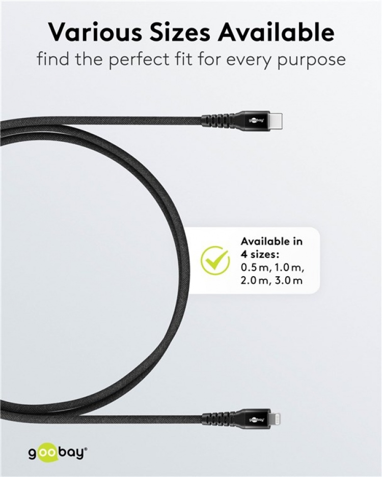 Goobay Lightning-USB-C™ supersoft textilkabel med metallkontakter, 3 m, svart MFi-certifierad, elegant och extra robust laddnings- och synkroniseringskabel för Apple iPhone/iPad (svart)
