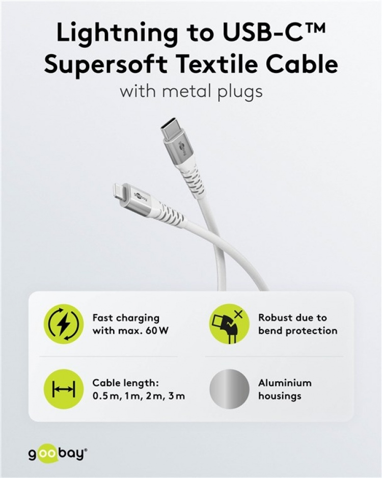 Goobay Lightning-USB-C™ supersoft textilkabel med metallkontakter, 0,5 m, vit MFi-certifierad, elegant och extra robust laddnings- och synkroniseringskabel för Apple iPhone/iPad (vit) Goobay Lightning-USB-C™ supersoft textilkabel med metallkontakter, 0,5 m, vit MFi-certifierad, elegant och extra robust laddnings- och synkroniseringskabel för Apple iPhone/iPad (vit)