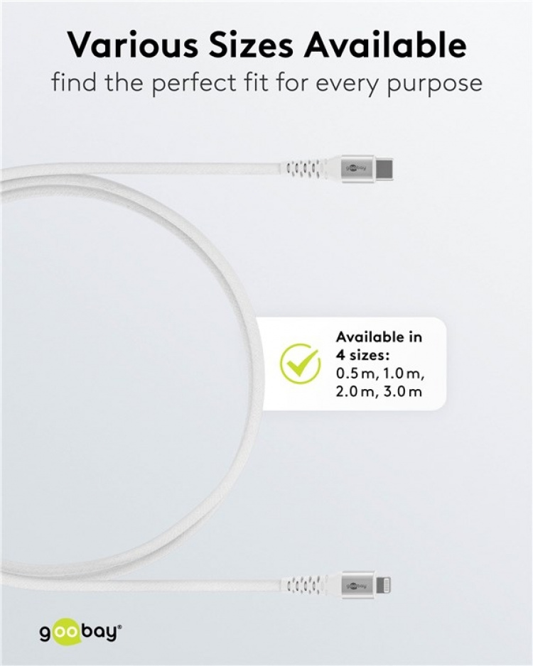 Goobay Lightning-USB-C™ supersoft textilkabel med metallkontakter, 0,5 m, vit MFi-certifierad, elegant och extra robust laddnings- och synkroniseringskabel för Apple iPhone/iPad (vit) Goobay Lightning-USB-C™ supersoft textilkabel med metallkontakter, 0,5 m, vit MFi-certifierad, elegant och extra robust laddnings- och synkroniseringskabel för Apple iPhone/iPad (vit)