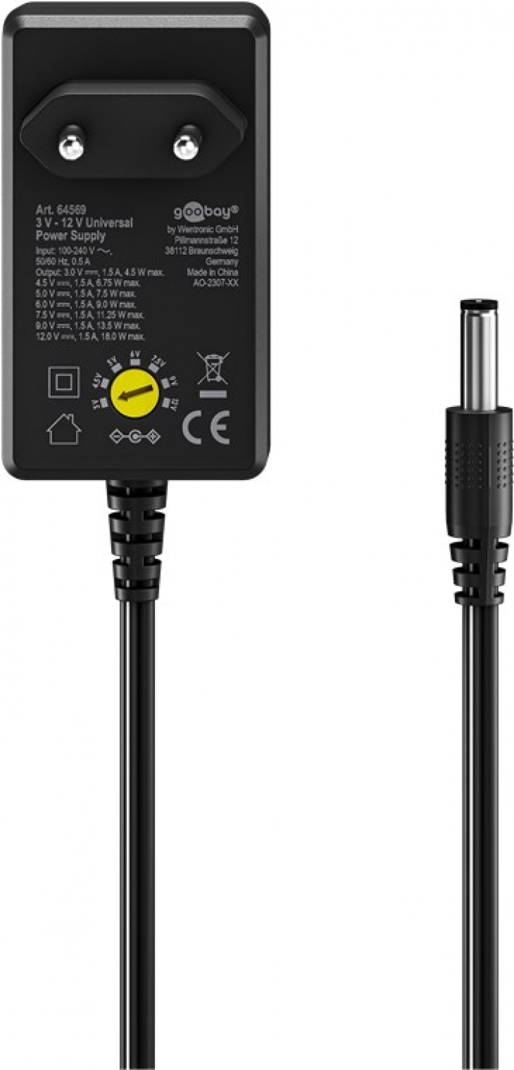 Goobay Universalnätdel 5 V - 15 V, max. 36 W / 2,4 A) inkl. 11 adaptrar: 7 DC-adaptrar plus USB-C™, USB-A, USB Mini-B, Micro-USB och terminalblock