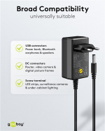 Goobay Universalnätdel 5 V - 15 V, max. 36 W / 2,4 A) inkl. 11 adaptrar: 7 DC-adaptrar plus USB-C™, USB-A, USB Mini-B, Micro-USB och terminalblock