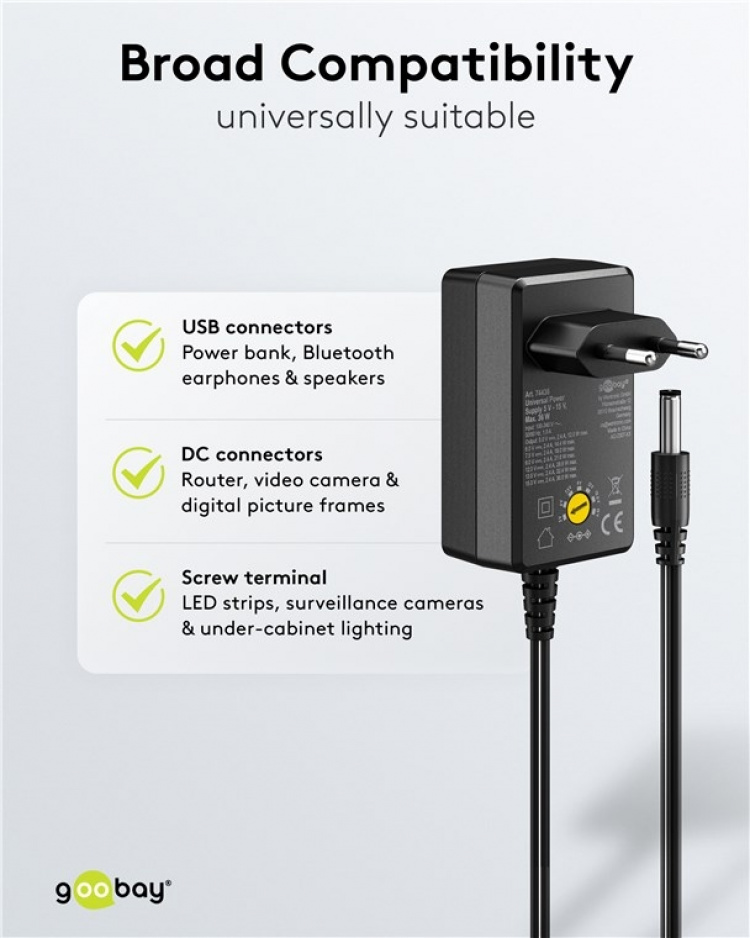 Goobay Universalnätdel 5 V - 15 V, max. 36 W / 2,4 A) inkl. 11 adaptrar: 7 DC-adaptrar plus USB-C™, USB-A, USB Mini-B, Micro-USB och terminalblock