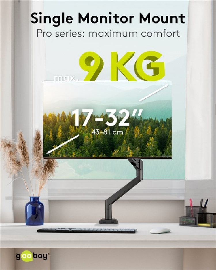 Goobay Single skärmfäste med gasfjäder, svart för bildskärmar från 17 till 32 tum (43 - 81 cm), max. 9 kg, enkel snap-in-montering av armarna Goobay Single skärmfäste med gasfjäder, svart för bildskärmar från 17 till 32 tum (43 - 81 cm), max. 9 kg, enkel snap-in-montering av armarna