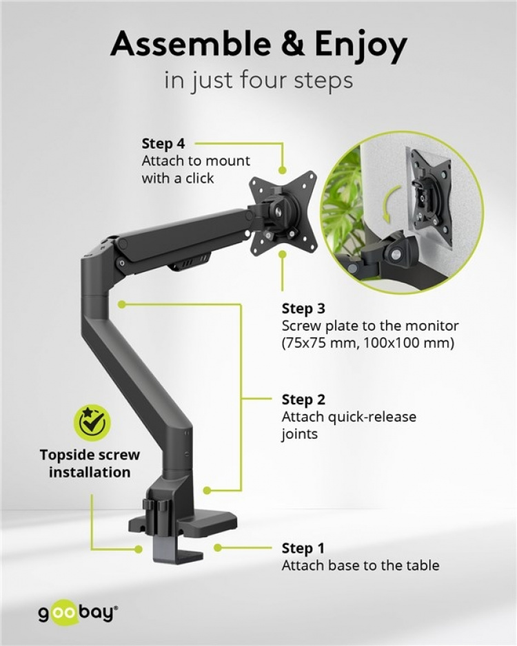 Goobay Single skärmfäste med gasfjäder, svart för bildskärmar från 17 till 32 tum (43 - 81 cm), max. 9 kg, enkel snap-in-montering av armarna Goobay Single skärmfäste med gasfjäder, svart för bildskärmar från 17 till 32 tum (43 - 81 cm), max. 9 kg, enkel snap-in-montering av armarna