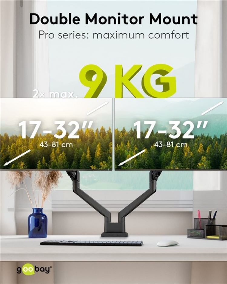Goobay Dubbel skärmfäste med gasfjäder, svart för bildskärmar från 17 till 32 tum (43 - 81 cm), max. 9 kg per bildskärm, enkel snap-in-montering av armarna