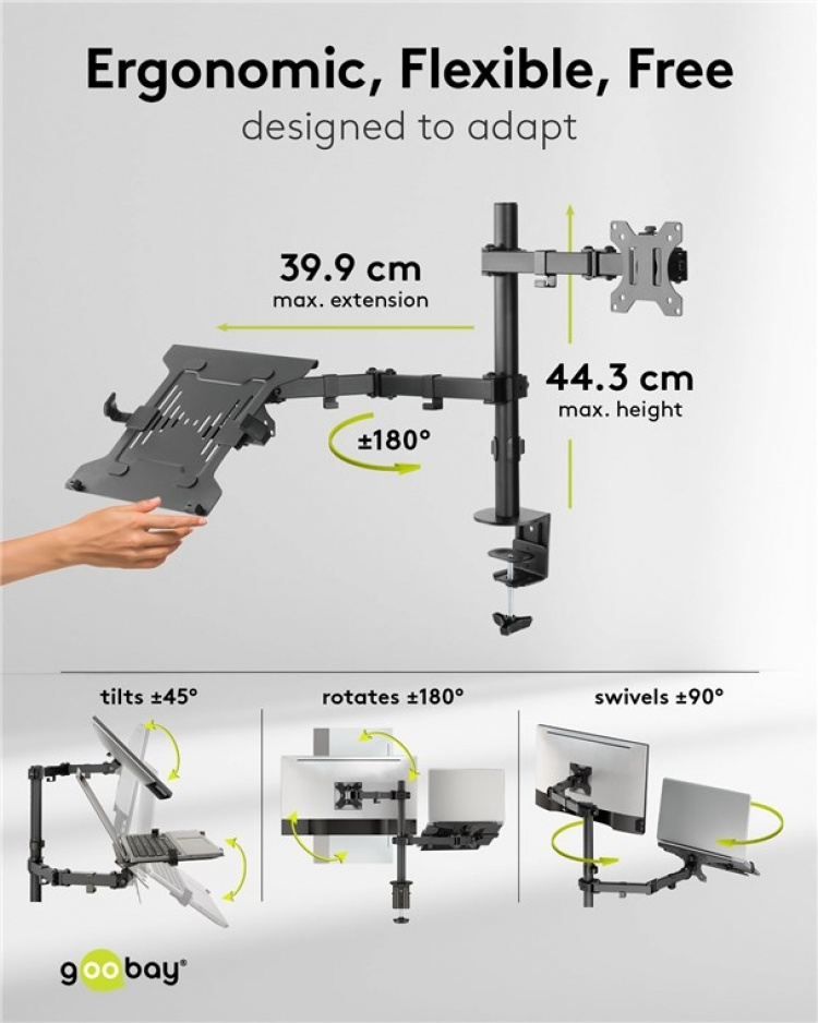 Goobay Skärmfäste med laptop-arm Flex, svart workstation för bildskärmar från 13 till 32 tum (33 - 81 cm) plus en bärbar dator, bildskärm max. 8 kg/bärbar dator 4,5 kg Goobay Skärmfäste med laptop-arm Flex, svart workstation för bildskärmar från 13 till 32 tum (33 - 81 cm) plus en bärbar dator, bildskärm max. 8 kg/bärbar dator 4,5 kg