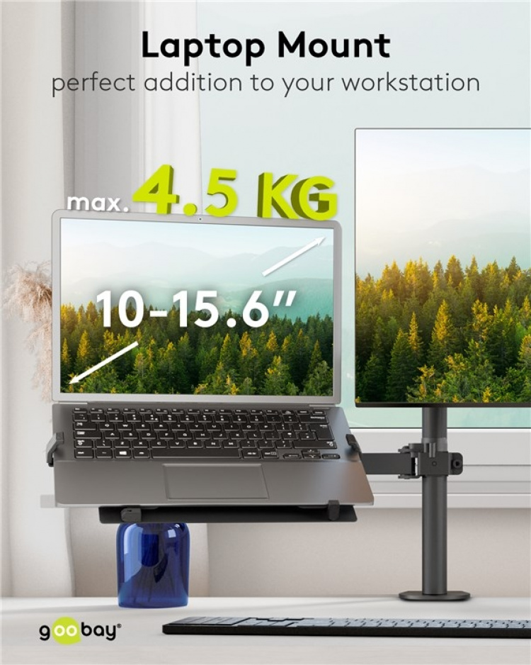 Goobay Laptopfäste för monitorarm, svart för bärbara datorer från 10 till 15,6 tum (25 - 40 cm), max. 4,5 kg, för montering på ett bildskärmsfäste Goobay Laptopfäste för monitorarm, svart för bärbara datorer från 10 till 15,6 tum (25 - 40 cm), max. 4,5 kg, för montering på ett bildskärmsfäste