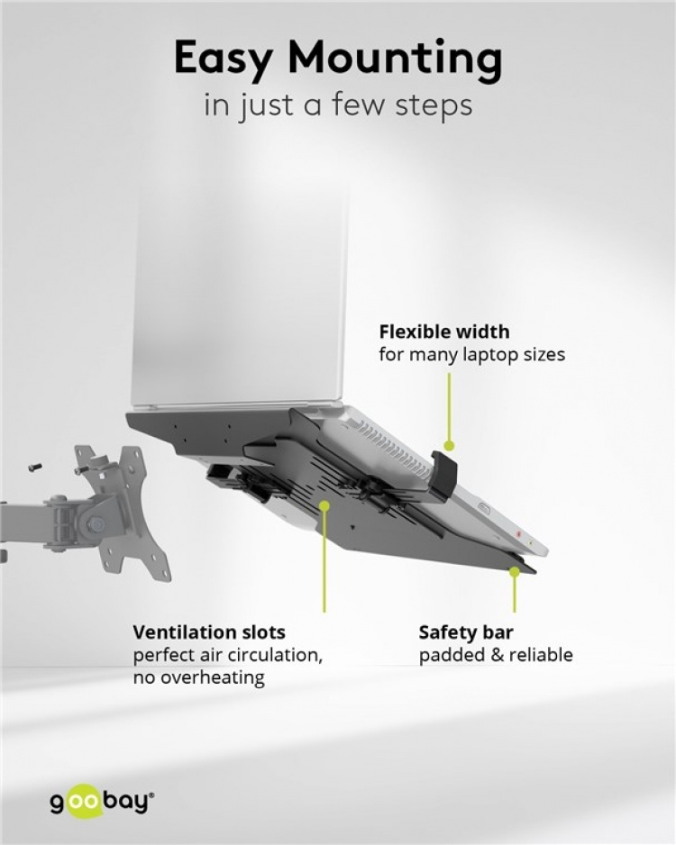 Goobay Laptopfäste för monitorarm, svart för bärbara datorer från 10 till 15,6 tum (25 - 40 cm), max. 4,5 kg, för montering på ett bildskärmsfäste Goobay Laptopfäste för monitorarm, svart för bärbara datorer från 10 till 15,6 tum (25 - 40 cm), max. 4,5 kg, för montering på ett bildskärmsfäste