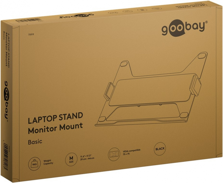 Goobay Deluxe laptopfäste för monitorarm, svart för bärbara datorer från 11,6 till 17,3 tum (29 - 44 cm), max. 9 kg, för montering på ett bildskärmsfäste