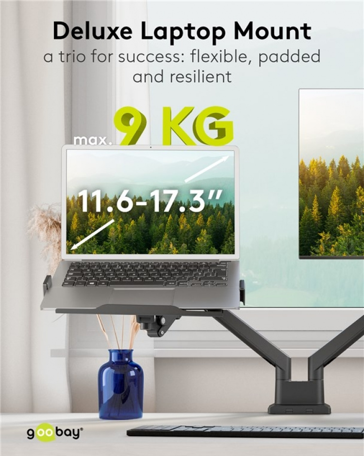 Goobay Deluxe laptopfäste för monitorarm, svart för bärbara datorer från 11,6 till 17,3 tum (29 - 44 cm), max. 9 kg, för montering på ett bildskärmsfäste