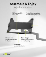 Goobay Deluxe laptopfäste för monitorarm, svart för bärbara datorer från 11,6 till 17,3 tum (29 - 44 cm), max. 9 kg, för montering på ett bildskärmsfäste