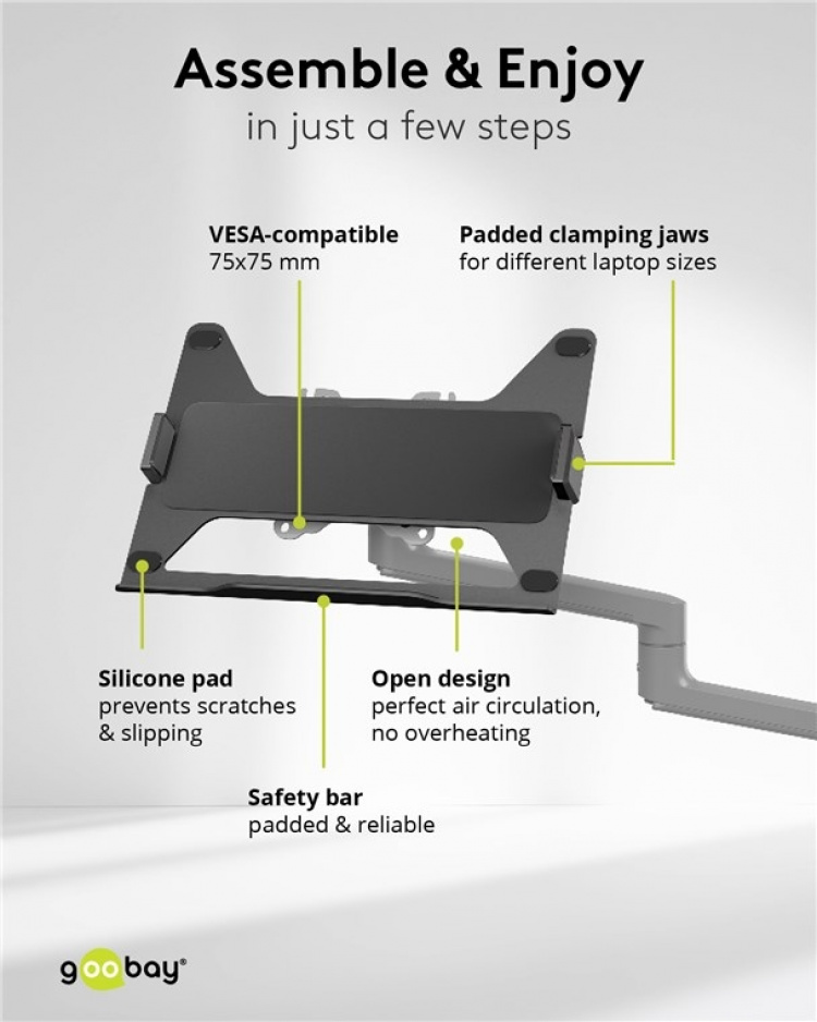 Goobay Deluxe laptopfäste för monitorarm, svart för bärbara datorer från 11,6 till 17,3 tum (29 - 44 cm), max. 9 kg, för montering på ett bildskärmsfäste