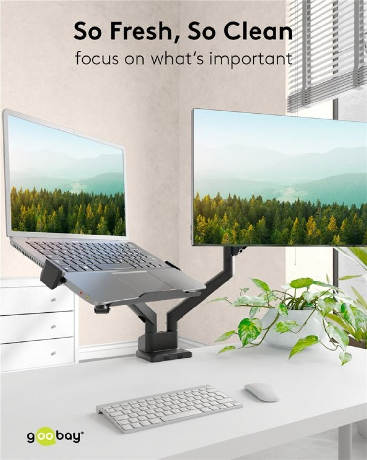 Goobay Deluxe laptopfäste för monitorarm, svart för bärbara datorer från 11,6 till 17,3 tum (29 - 44 cm), max. 9 kg, för montering på ett bildskärmsfäste