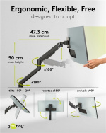 Goobay Single skärmfäste Gaming med gasfjäder, svart för XL-skärmar från 17 till 49 tum (43 - 124 cm), max. 20 kg, kraftigt fäste för tunga gaming och böjda skärmar, enkel snap-in-montering av armarna