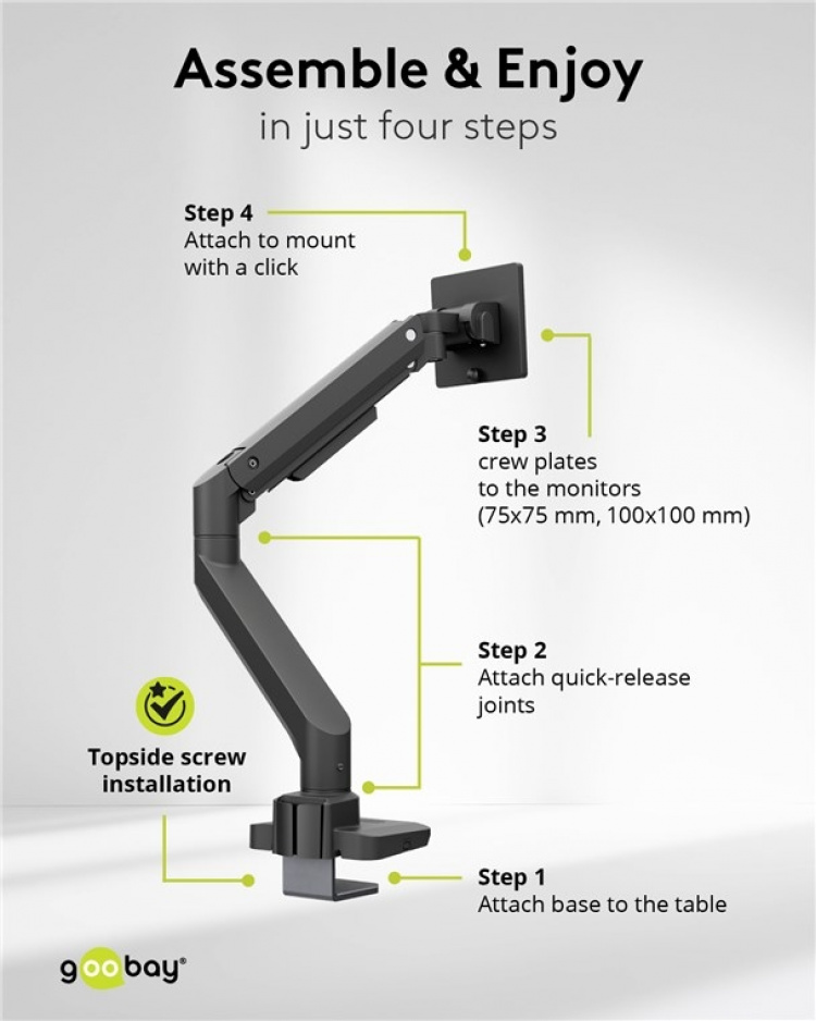 Goobay Single skärmfäste Gaming med gasfjäder, svart för XL-skärmar från 17 till 49 tum (43 - 124 cm), max. 20 kg, kraftigt fäste för tunga gaming och böjda skärmar, enkel snap-in-montering av armarna
