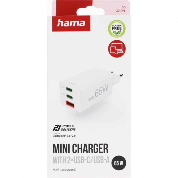 Hama Laddare 2x USB-C 1x USB-A GaN 65W Vit