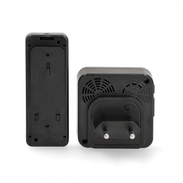 Nedis Trådlösa dörrklockan | Strömadapter | 100 - 240 V AC 50/60 Hz | 1x 23A 12V | Volym: 110 dB | Signalområde: 150 m | IP55 | Justerbar volym | 58 Melodier | 1 Mottagare | Svart