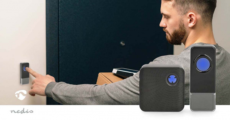 Nedis Trådlösa dörrklockan | Strömadapter | 100 - 240 V AC 50/60 Hz | 1x 23A 12V | Volym: 110 dB | Signalområde: 150 m | IP55 | Justerbar volym | 58 Melodier | 1 Mottagare | Svart