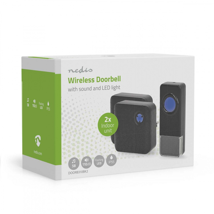 Nedis Trådlösa dörrklockan | Strömadapter | 100 - 240 V AC 50/60 Hz | 1x 23A 12V | Volym: 110 dB | Signalområde: 150 m | IP55 | Justerbar volym | 58 Melodier | 2 Mottagare | Svart