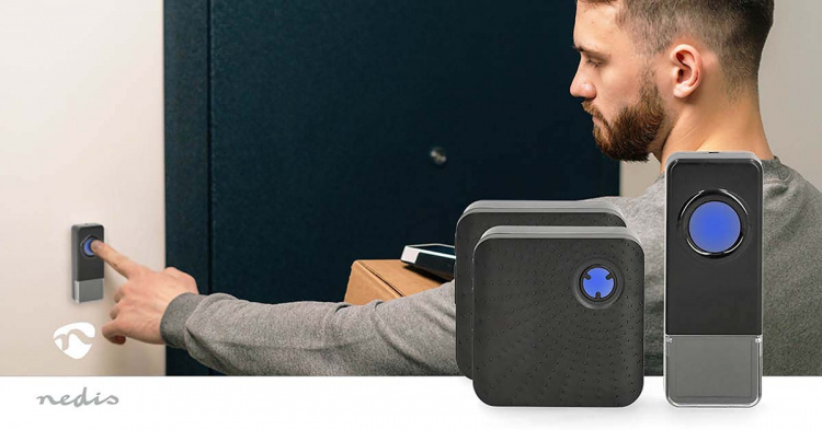 Nedis Trådlösa dörrklockan | Strömadapter | 100 - 240 V AC 50/60 Hz | 1x 23A 12V | Volym: 110 dB | Signalområde: 150 m | IP55 | Justerbar volym | 58 Melodier | 2 Mottagare | Svart