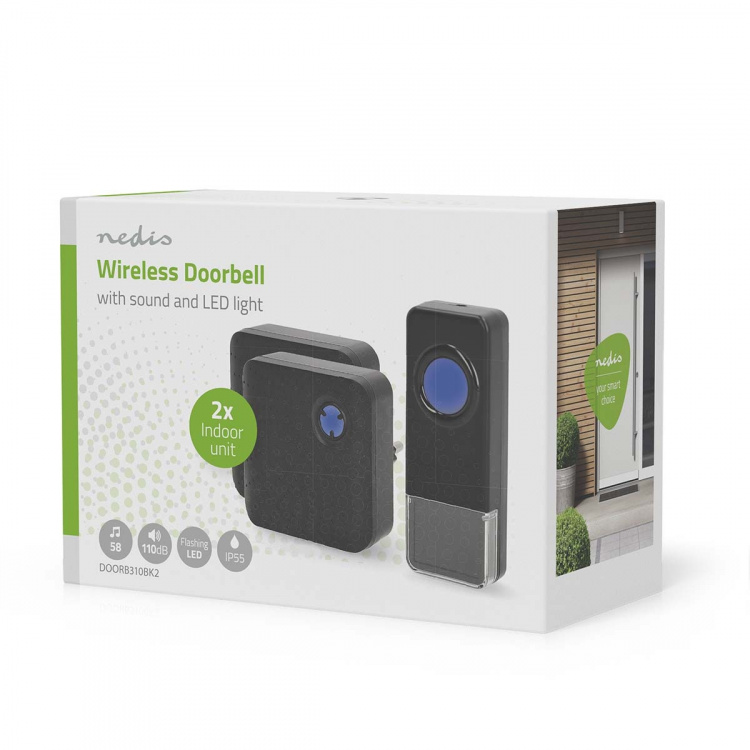 Nedis Trådlösa dörrklockan | Strömadapter | 100 - 240 V AC 50/60 Hz | 1x 23A 12V | Volym: 110 dB | Signalområde: 150 m | IP55 | Justerbar volym | 58 Melodier | 2 Mottagare | Svart