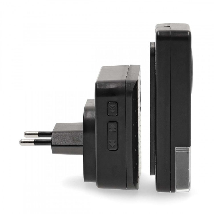 Nedis Trådlösa dörrklockan | Strömadapter | 100 - 240 V AC 50/60 Hz | 1x 23A 12V | Volym: 110 dB | Signalområde: 150 m | IP55 | Justerbar volym | 58 Melodier | 3 Mottagare | Svart