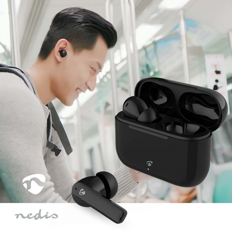 Nedis Fullt Trådlösa hörlurar | ENC (Environmental Noise Cancelling) | Bluetooth® | Maximal batteritid: 24 timmar | Tryck på Kontroll | Batteri hölje | Trådlöst laddningsfodral | Inbygd mikrofon | Stöd för röststyrning | Brusreducering | IPX4 | Svart