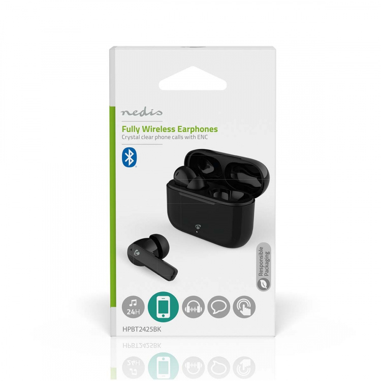 Nedis Fullt Trådlösa hörlurar | ENC (Environmental Noise Cancelling) | Bluetooth® | Maximal batteritid: 24 timmar | Tryck på Kontroll | Batteri hölje | Trådlöst laddningsfodral | Inbygd mikrofon | Stöd för röststyrning | Brusreducering | IPX4 | Svart