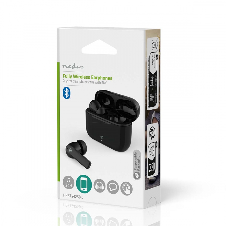 Nedis Fullt Trådlösa hörlurar | ENC (Environmental Noise Cancelling) | Bluetooth® | Maximal batteritid: 24 timmar | Tryck på Kontroll | Batteri hölje | Trådlöst laddningsfodral | Inbygd mikrofon | Stöd för röststyrning | Brusreducering | IPX4 | Svart
