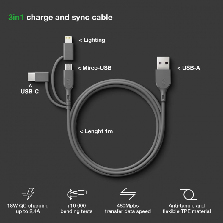 GP Kabel USB-A Till USB-C 3-I-1 Micro-USB + Lightning CY1N 1m GP Kabel USB-A Till USB-C 3-I-1 Micro-USB + Lightning CY1N 1m