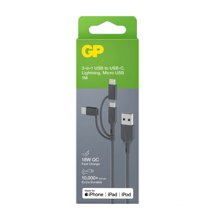 GP Kabel USB-A Till USB-C 3-I-1 Micro-USB + Lightning CY1N 1m GP Kabel USB-A Till USB-C 3-I-1 Micro-USB + Lightning CY1N 1m