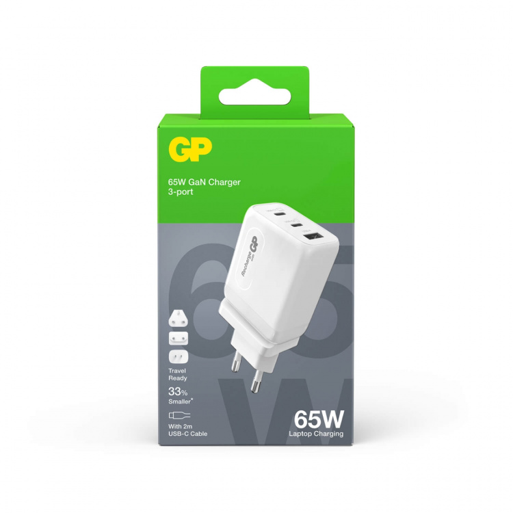 GP Väggladdare GaN PD 65W Inkl Reseadapter GP Väggladdare GaN PD 65W Inkl Reseadapter