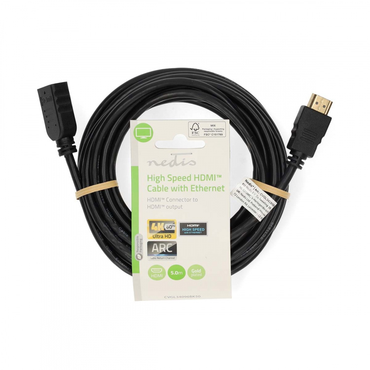 Nedis High Speed HDMI ™ kabel med Ethernet | HDMI™ Kontakt | HDMI™ Utgång | 4K@60Hz | ARC | 10.2 Gbps | 5.00 m | Rund | PVC | Svart | Label Nedis High Speed HDMI ™ kabel med Ethernet | HDMI™ Kontakt | HDMI™ Utgång | 4K@60Hz | ARC | 10.2 Gbps | 5.00 m | Rund | PVC | Svart | Label