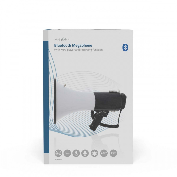 Nedis Megafon | Maximal räckvidd: 1500 m | Maximal volymkontroll: 120 dB | Avtagbar mikrofon | Inbygd siren | Bluetooth® | Inspelningsfunktion | USB-uppspelning | Axelrem | Svart / Vit