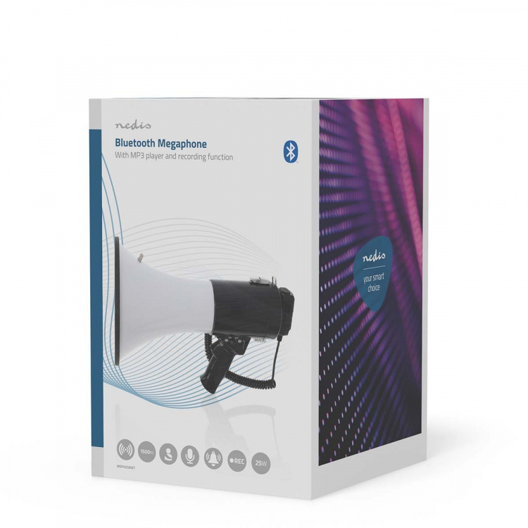 Nedis Megafon | Maximal räckvidd: 1500 m | Maximal volymkontroll: 120 dB | Avtagbar mikrofon | Inbygd siren | Bluetooth® | Inspelningsfunktion | USB-uppspelning | Axelrem | Svart / Vit