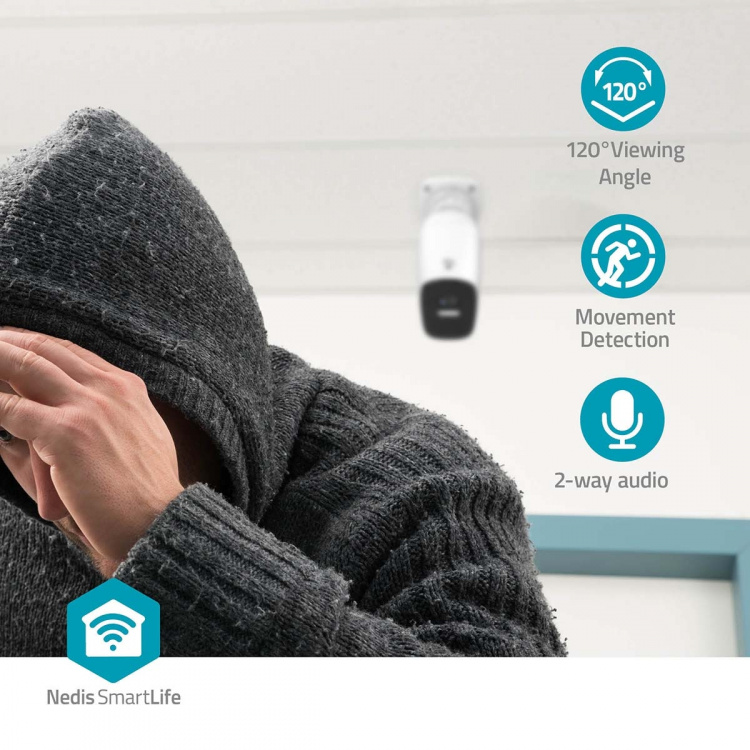 Nedis SmartLife Utomhus Kamera | Spotlight | 4MP Quad HD 1440p / 2560x1440 | IP66 | Max. batteritid: 10 Månader | microSD (ingår inte) / Molnlagring (tillval) | 5 V DC | Med rörelsesensor | Nattsikt | Vit