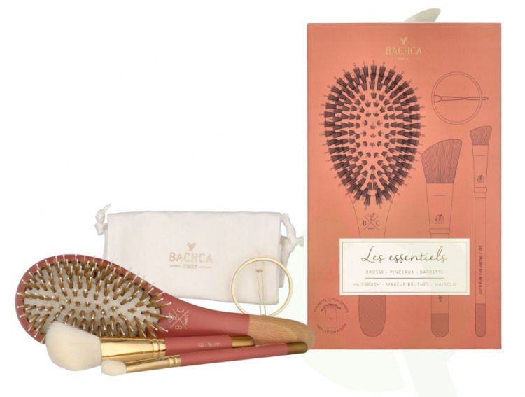 Bachca Paris The Essentials Hair Terracotta Set 5 piece 1x Large Boar & Nylon Hair Brush/1x Blush Brush/1x Contour Shader Brush/ 1x Round Clip/1x Cotton Pouch