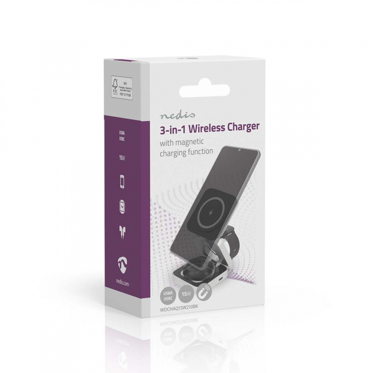 Nedis Trådlös laddning | 3-i-1 | 2.5 / 5 / 15 W | LED indikatorn används | Kabel ingår | USB-A / USB-C™ | 1.50 m