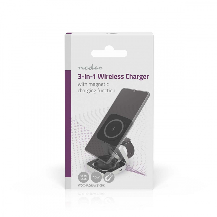 Nedis Trådlös laddning | 3-i-1 | 2.5 / 5 / 15 W | LED indikatorn används | Kabel ingår | USB-A / USB-C™ | 1.50 m