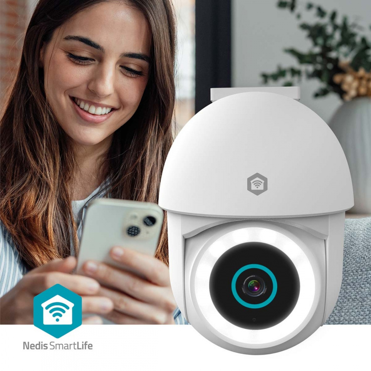 Nedis SmartLife Utomhus Kamera | Spotlight | 3MP Full HD 1296p | Panorera lutning | IP65 | microSD (ingår inte) / Molnlagring (tillval) / Onvif | 5 V DC | Med rörelsesensor | Nattsikt | Vit