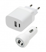 Speedlink Vägg- och billaddare USB-A & USB-C 15W, vit