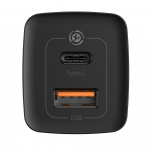 Baseus Dual Port GaN2 Adapter 65Watt 1xUSB-C + 1xUSB-A Svart