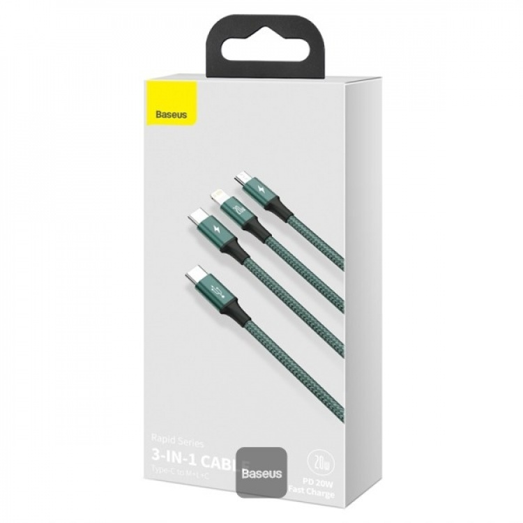 Baseus Rapid Series 3-in-1 USB-C til Lightning/Micro/USB-C 1.5m Grön Baseus Rapid Series 3-in-1 USB-C til Lightning/Micro/USB-C 1.5m Grön